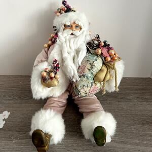 Vintage Pink Velvet Victorian Style Old World Santa Claus Posable Shelf Sitter